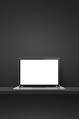 Laptop computer on black shelf. Vertical background