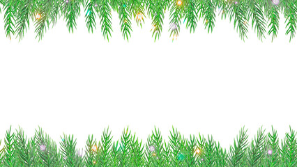 Christmas Tree Branches, decoration on white background, an Evergreen tree with colorful lights, Festive border, frame, For holiday banners, party posters, winter season, New Year