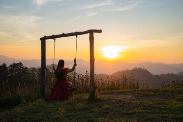 A woman sitting on a swing contemplating the sunset