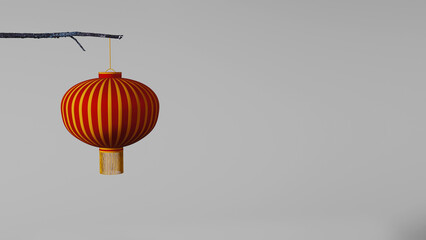 Chinese lantern in 3D on a gray background. Illustration with a Chinese New Year lantern for the design of cards, banners and posters. 3d render with red golden chinese traditional lantern.