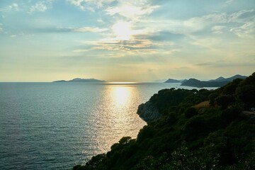 Beautiful blue seascape in cloudy sky background on a sunny day on Lopud Island, Croatia