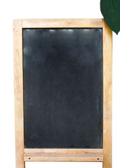 Empty black board, chalk board, wooden frame stand sign with a green leaf , isolated, white background, cutout transparent