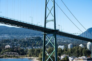Aerial view of Lions Gate Bridge on blue sky background in Vancouver, Canada