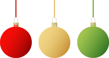three christmas tree decorations. red, yellow and green baubles