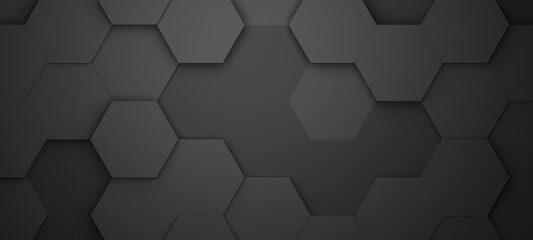 Hexagonal background with black hexagons, abstract futuristic geometric backdrop or wallpaper with copy space for text