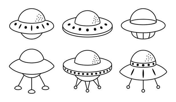 Collection of outline alien flying saucers. UFO contour illustration isolated on white background. Vector illustration.