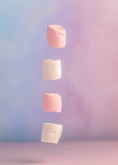 Vertical shot of floating marshmallows against a pink and purple background
