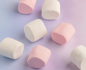 Close-up shot of marshmallows on a pink and purple background