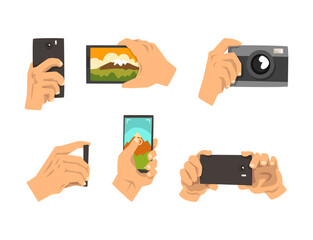 Hand with Smartphone and Camera Taking Landscape Photo or Picture Vector Set