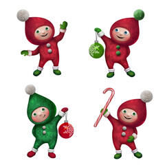 3d Christmas character clip art set, isolated on white background. Santa elf holding glass ball and candy cane. Festive illustration