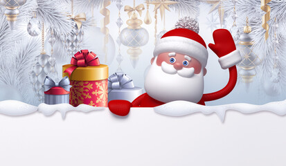 3d render of cute Santa Claus character and gift boxes, decorated Christmas tree, hanging ornaments, balls. Winter holidays background, blank banner, greeting card template, digital illustration
