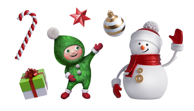 3d Snowman, elf, gift box, candy cane, glass ball. Christmas clip art set isolated on white background. Festive ornaments. Cute cartoon characters. Holiday icons, seasonal decor elements.