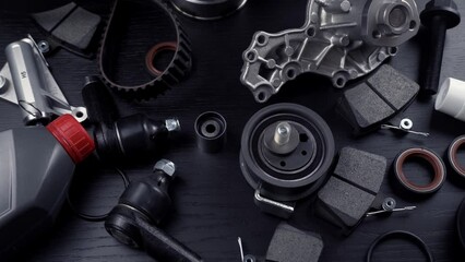 Auto parts spare parts car on grey background. Large number rotate on turntable around its axis. Auto parts store. Suspension and engine parts.