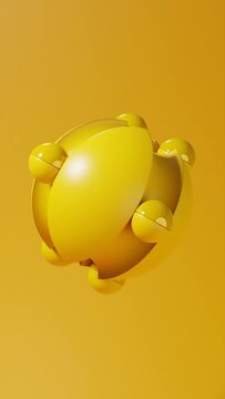 Satisfying smooth vertical 3D animation of a spinning yellow ball with other balls rolling on it
