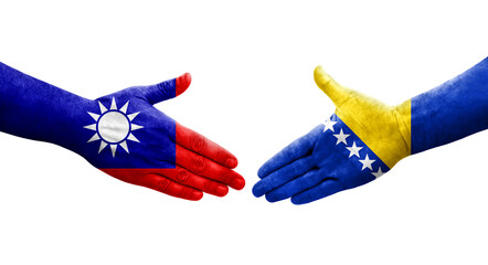 Handshake between Taiwan and Bosnia flags painted on hands, isolated transparent image.