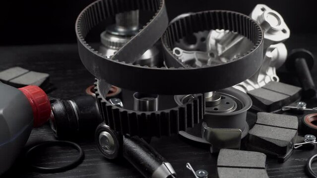 Auto parts spare parts car on grey background. Large number rotate on turntable around its axis. Auto parts store. Suspension and engine parts.