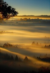 Beautiful top view of valley with lush trees covered with fog at sunrise