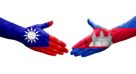 Handshake between Taiwan and Cambodia flags painted on hands, isolated transparent image.