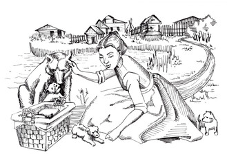 A young girl in a long dress is sitting near a rural road petting a dog and playing with puppies. Nearby is a wicker basket with food. Vintage line drawing or engraving illustration.