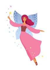 Cute elegant fairy, person with magic wand. Attractive cartoon woman