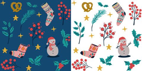 Conjunto de patrones sin fisuras de Año Nuevo y Navidad con símbolos y elementos navideños, elegante diseño de invierno. Fondo  vectorial de Navidad y Año Nuevo  © Laura Bustos
