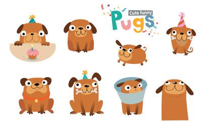 Funny cartoon pugs for party invitation and other design. Vector illustration