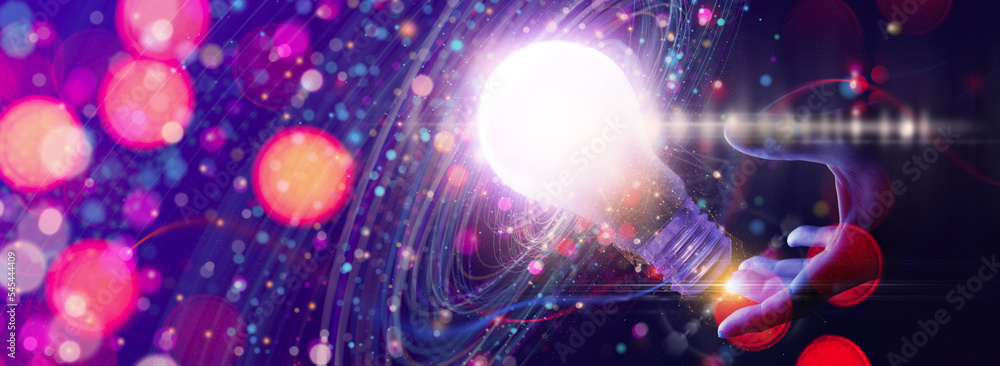 Aufkleber Business woman hand touching lightbulb Introduction of artificial intelligence. Big Data concept.Digital neural network.Cyberspace of future.Science and innovation of technology.