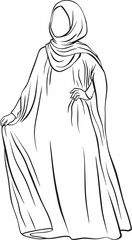 Muslim woman in a hijab and a beautiful long dress, a line drawing.