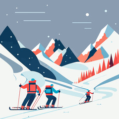 Colourful illustration of a family skiing in the mountains