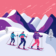 Colourful illustration of a family skiing in the mountains