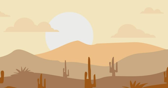 Animated background of cactus rocky mountains in hot sunlight
