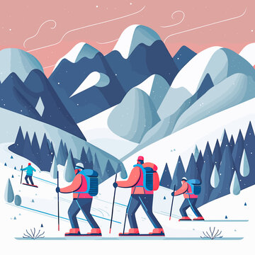 Colourful illustration of a family skiing in the mountains