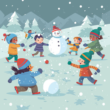 Colourful illustration of kids having fun in the snow