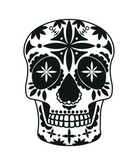 Black and white skull for the day of the dead. Illustration in the Mexican style for creating stickers, tattoos, print.