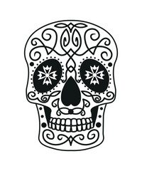 Black and white skull for the day of the dead. Illustration in the Mexican style for creating stickers, tattoos, print.