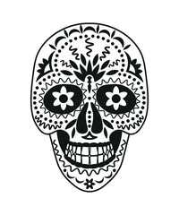 Black and white skull for the day of the dead. Illustration in the Mexican style for creating stickers, tattoos, print.