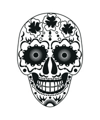 Black and white skull for the day of the dead. Illustration in the Mexican style for creating stickers, tattoos, print.