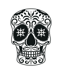 Black and white skull for the day of the dead. Illustration in the Mexican style for creating stickers, tattoos, print.