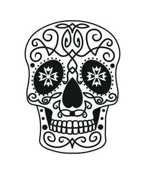 Black and white skull for the day of the dead. Illustration in the Mexican style for creating stickers, tattoos, print.