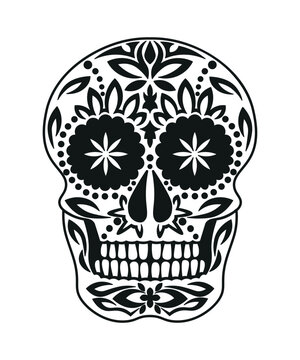 Black and white skull for the day of the dead. Illustration in the Mexican style for creating stickers, tattoos, print.