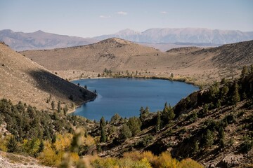 Beautiful landscape of the rocky Sierra Nevada mountain range in autumn with the Convict lake