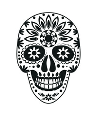 Black and white skull for the day of the dead. Illustration in the Mexican style for creating stickers, tattoos, print.