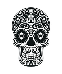 Black and white skull for the day of the dead. Illustration in the Mexican style for creating stickers, tattoos, print.