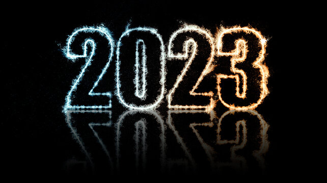 Happy New Year 2023. Burning sparkling text 2023 isolated on black background. Beautiful Glowing design element for greeting card and holiday flyer