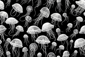 Black and white seamless pattern with jellyfish on white background illustration  