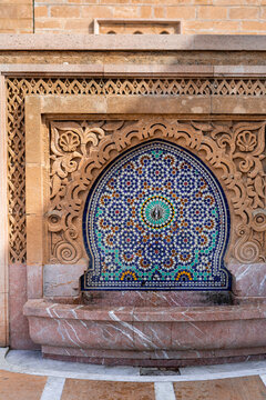 A tiled fountain at the Mohammed V Mausoleum in Rabat, Morocco
