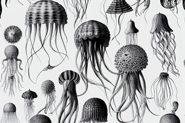 Black and white seamless pattern with jellyfish on white background illustration - obrazy, fototapety, plakaty