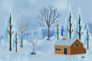 Winter mountains landscape with houses and trees on vector background with snowflakes falling from the sky. Cartoon winter scenery of cold weather and village forest, snowy hills, and fields