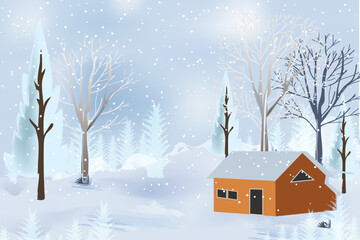 Winter mountains landscape with houses and trees on vector background with snowflakes falling from the sky. Cartoon winter scenery of cold weather and village forest, snowy hills, and fields