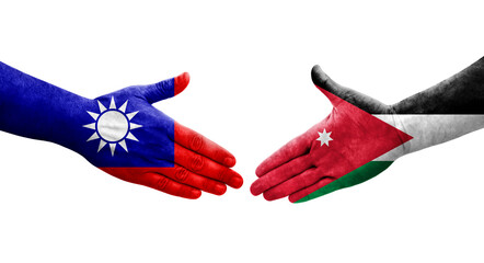 Handshake between Taiwan and Jordan flags painted on hands, isolated transparent image.